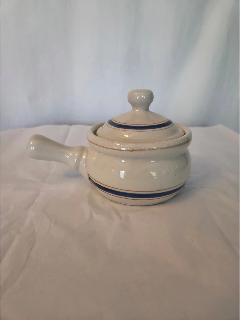 Vintage Ceramic Saucepan with Lid and Handle, Cream and Blue Stripes